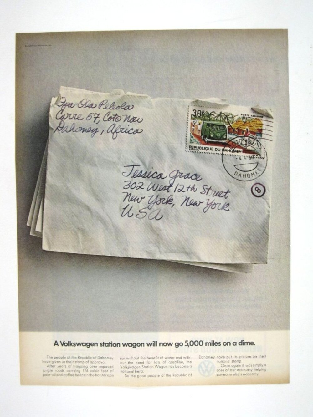 Volkswagen Station Wagon 1960s Advertisement Postal Stamp Print Dahomey